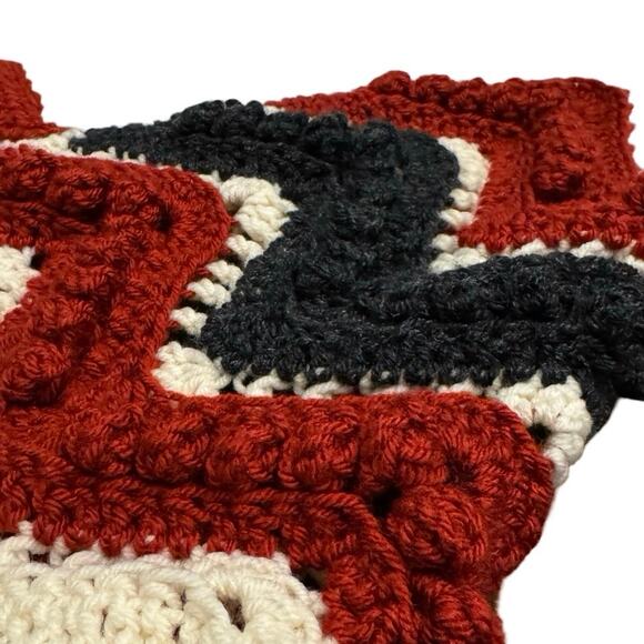 Knitted afghan crochet chevron throw blanket homemade 77” x 52” red cream blue - Picture 3 of 7